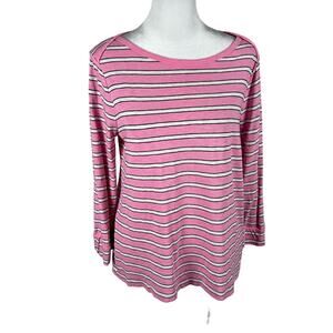 J Crew Pink White Stripe 3/4 Sleev Cotton Tee Top Small Boat Neck Classic Casual
